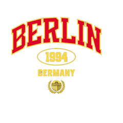 Vintage Berlin Germany Typography Emblem with 1994 Date and Laurel Wreath on Black Background – Retro European City Travel Graphic in Red, Yellow, and Gold Colors