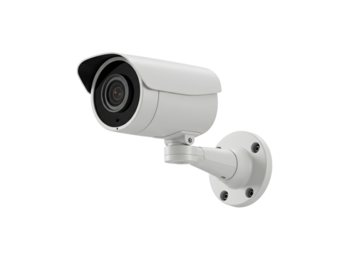 Modern white and black wall-mounted CCTV security camera for surveillance and safety monitoring — essential for crime prevention and property protection. Isolated on transparent background.