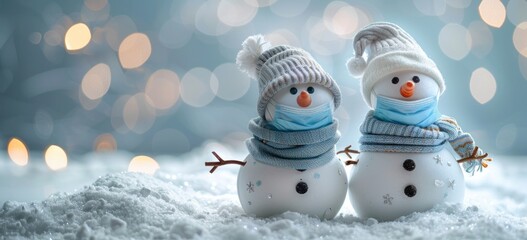Snowy greetings: Pair of cheerful snowmen wearing masks for festive safety