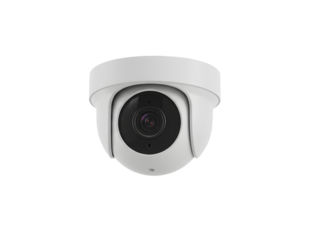 Modern white and black wall-mounted CCTV security camera for surveillance and safety monitoring — essential for crime prevention and property protection. Isolated on transparent background.