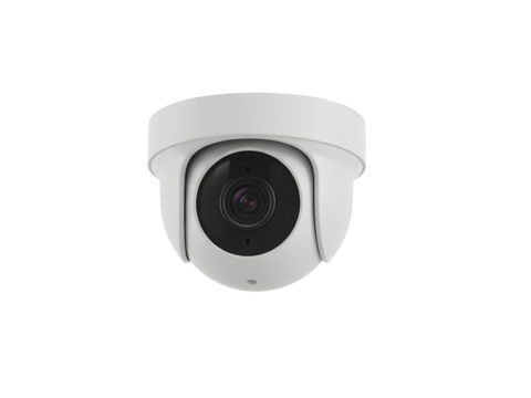 Modern white and black wall-mounted CCTV security camera for surveillance and safety monitoring — essential for crime prevention and property protection. Isolated on transparent background.