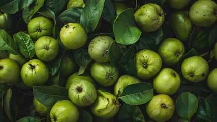 Fresh green fruit on a tree branch. Close-up image with focus on the fruits.