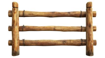 Rustic wooden pole fence structure for outdoor boundary on white background