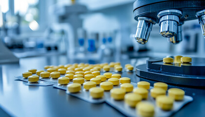 Pharmaceutical manufacturing process with yellow tablets and microscopes in a laboratory setting