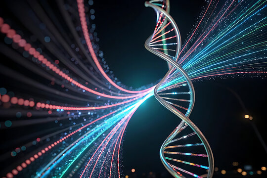 Futuristic glowing DNA helix, vibrant data streams.