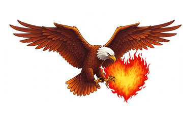 Obraz premium Dramatic eagle soars holding a fiery heart, a powerful design element suitable for emblems, logos, or striking branding projects.