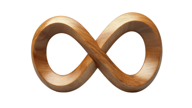 Wooden infinity symbol with natural carved texture on white background