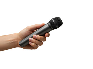 Close-up of hand holding microphone, perfect for music, podcasting, performance, interviews, or broadcasting themes. Isolated on transparent background for easy creative use.