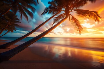 Tropical Beach Sunset with Silhouetted Palm Trees and Vibrant Ocean Reflections