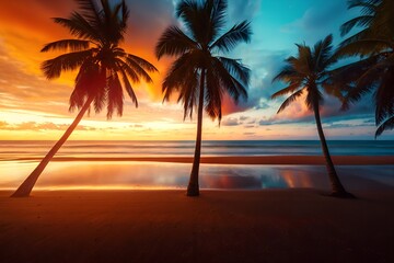 Tropical Beach Sunset with Silhouetted Palm Trees and Vibrant Ocean Reflections