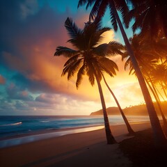 Tropical Beach Sunset with Silhouetted Palm Trees and Vibrant Ocean Reflections