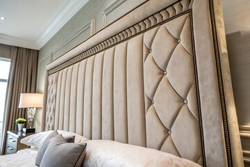 Luxurious Beige Velvet Upholstered Bed Headboard with Gold Accents and Crystal Buttons