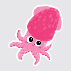 Squid Cute sea animals in crayon style for stickers, icons, logos, etc.