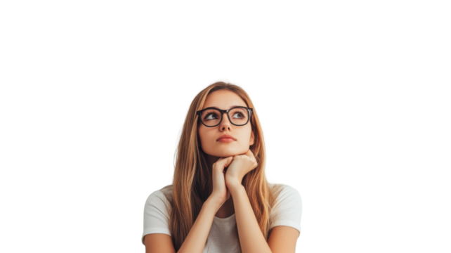 Hand-drawn woman in white shirt thoughtfully pondering pose on white background