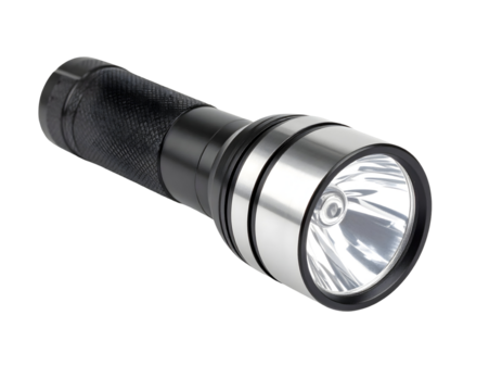 Modern metal flashlight on black backdrop