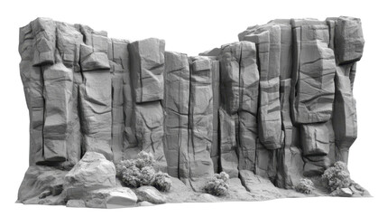 Obraz premium Dramatic Rocky Cliff Formation with Textured Surface and Natural Vegetation in Monochrome