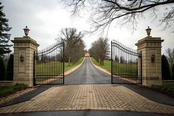 Grand Estate Entrance: Ornate Iron Gates and Long Driveway Leading to Mansion
