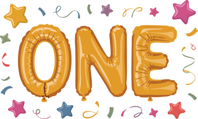 Gold balloon number one with colorful confetti and stars. Perfect for first birthday celebrations Transparent png vector