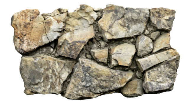 Fragmented Rock Wall Texture with Jagged Edges and Earthy Tones on a Transparent Background