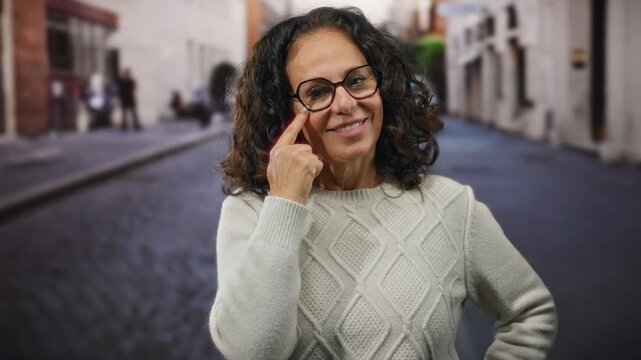 Middle aged hispanic woman smiling outdoors with curly hair glasses sweater and pointing finger while standing on city street background.