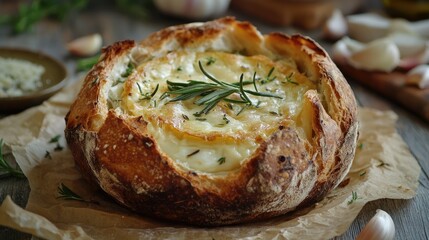 Baked Camembert cheese in sourdough bread with rosemary, garlic, thyme