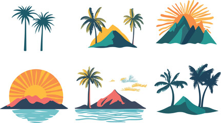 Obraz premium Tropical Island Vector Icons with Palm Trees Mountains and Sunsets
