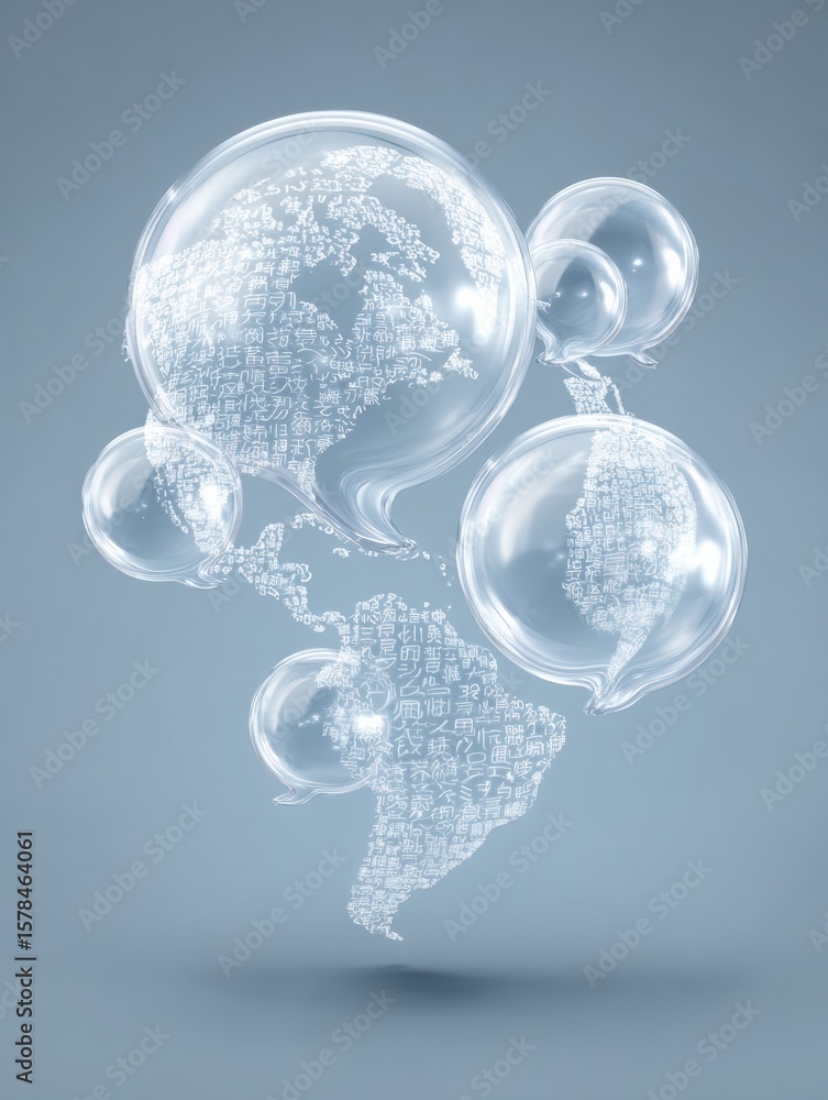 Poster floating translation bubbles surround a globe icon representing global communication and language un