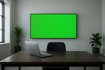 Contemporary home office design, showcasing a laptop, wall-mounted screen, and a touch of nature.