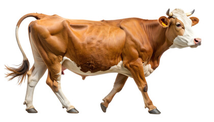 A brown and white cow walks isolated on transparent background, showcasing its muscular build and distinctive markings.