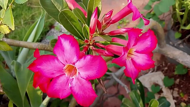 Pink Adenium Flower Swaying Gently in Tropical Garden
