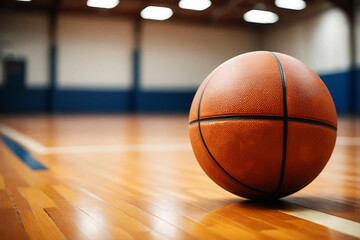 Naklejka premium Orange basketball on polished wooden court brown