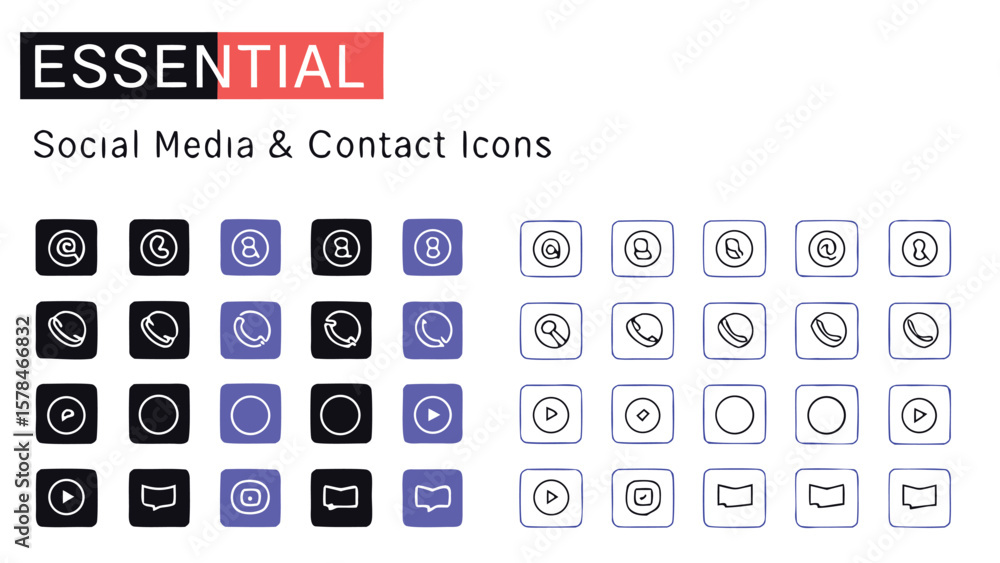Poster essential collection of modern social media and contact icons in minimal flat design for digital use