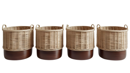 Wicker storage baskets with wooden bottom isolated on transparent background, no shadow, evenly spaced for product stock photography png cut out