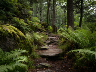 Obraz premium Wide View of a Forest Trail Lined with Ferns and Moss-Covered Rocks