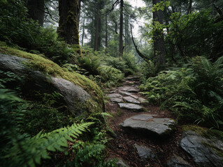Obraz premium Wide View of a Forest Trail Lined with Ferns and Moss-Covered Rocks