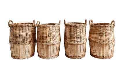 Wicker storage baskets with wooden bottom isolated on transparent background, no shadow, evenly spaced for product stock photography png cut out