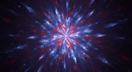 Fototapeta premium A dynamic cosmic burst of red and blue light and particles, resembling a star's intense energy in deep space.