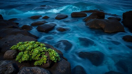 Fototapeta premium Coastal flora in rocky pool, bioluminescent waves