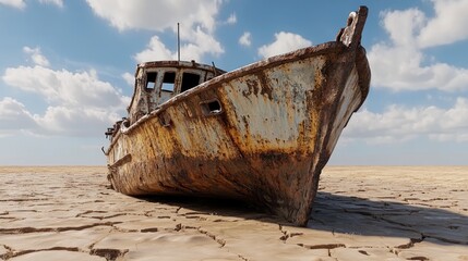 Corroding vessel with parched earth stretching endlessly under a toxic sky, echoes of nuclear winter and vanished waters.