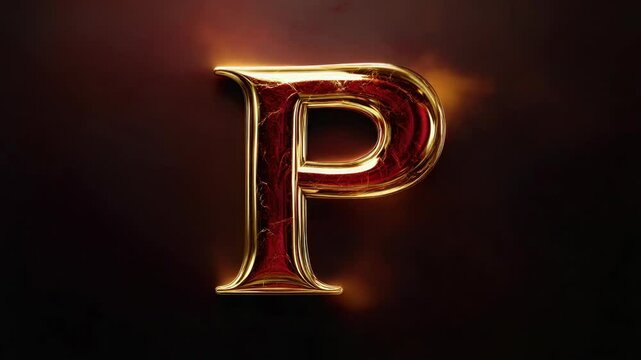 A gold letter P is shown on a dark background. The letter is large and has a red border