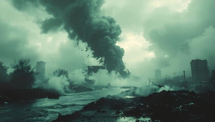 Fototapeta premium Post apocalyptic cityscape smoke pollution disaster zone environmental damage destruction urban decay