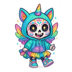 Fototapeta premium A colorful, glittery cartoon skeleton child wearing a unicorn hoodie with wings, a rainbow skirt, and sneakers, all decorated in vibrant, starry, and whimsical designs.