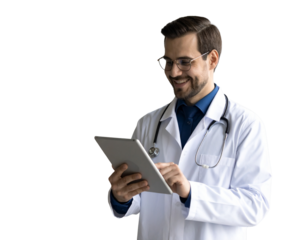 transparent background Happy young Caucasian doctor man in stylish eyeglasses and white coat typing on digital gadget, using tablet fir online medical communication, chatting with patients, looking aw