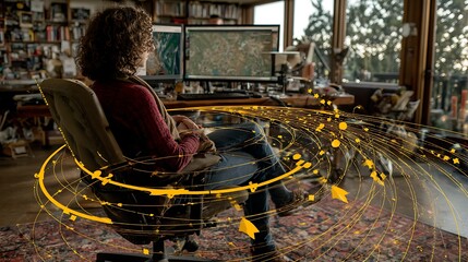 Woman in Chair with Computer Display and Abstract Art