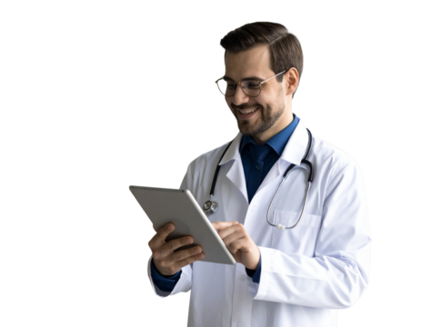 transparent background Happy young Caucasian doctor man in stylish eyeglasses and white coat typing on digital gadget, using tablet fir online medical communication, chatting with patients, looking aw