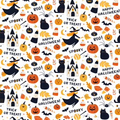 Halloween Seamless Pattern with Witches, Cats, Pumpkins and Candy White Background. Cute Digital Paper Jack-o-Lanterns and Trick or Treat and Lettering Cozy Spooky Flat Cartoon Vector Illustration