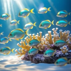 Fototapeta premium Colorful marine fish swimming gracefully around vibrant coral reef ecosystem.