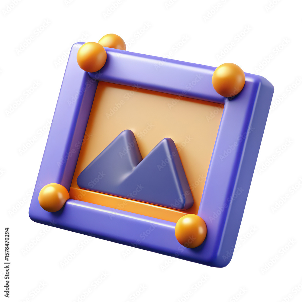 Poster a 3d rendering of a picture frame with a mountain landscape inside, isolated on transparent backgrou