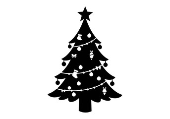 Fototapeta premium A silhouette of a christmas tree decorated with ornaments and string lights on a white background