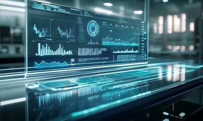 Modern futuristic computer screen displaying data graphs and information